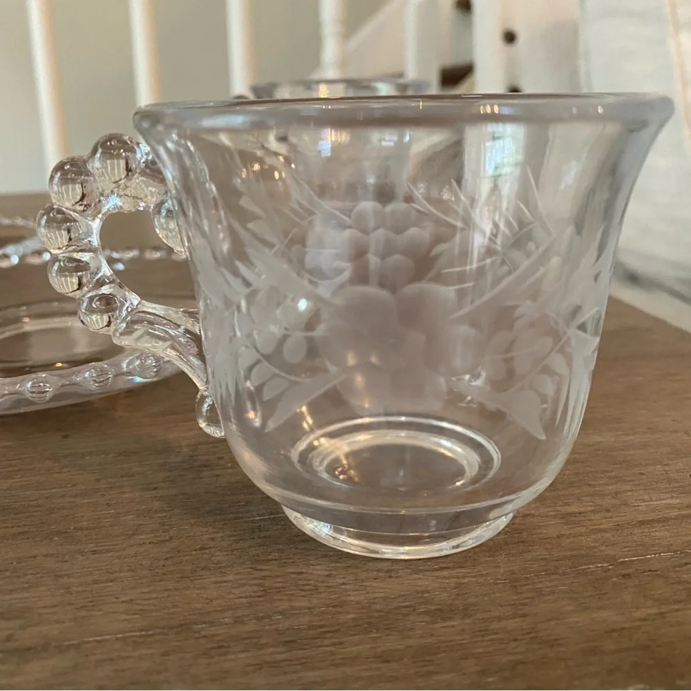Rare Imperial Glass Etched Cups and Saucers Clear Beaded Candlewick Set of 4